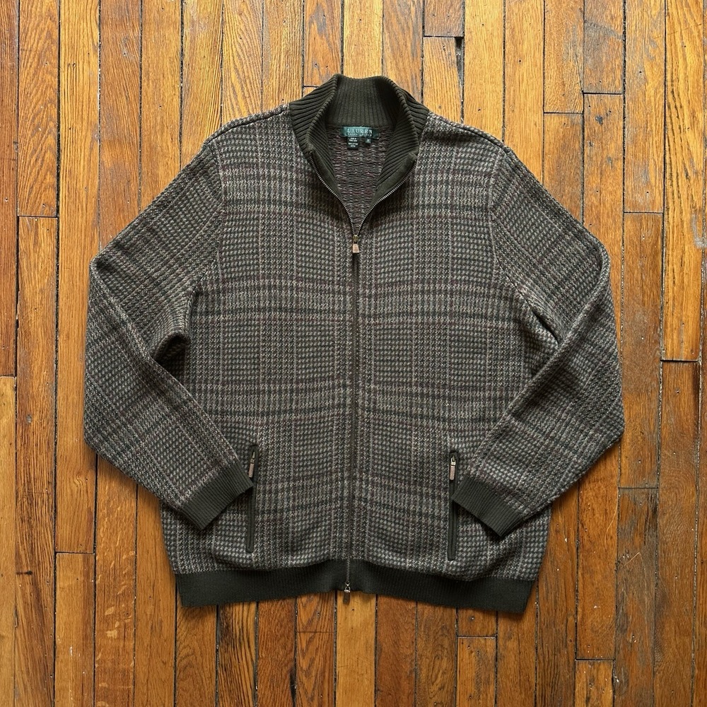 Vtg Lauren Ralph Lauren Houndstooth Equestrian Cotton Jacket Women 2X Green Tone